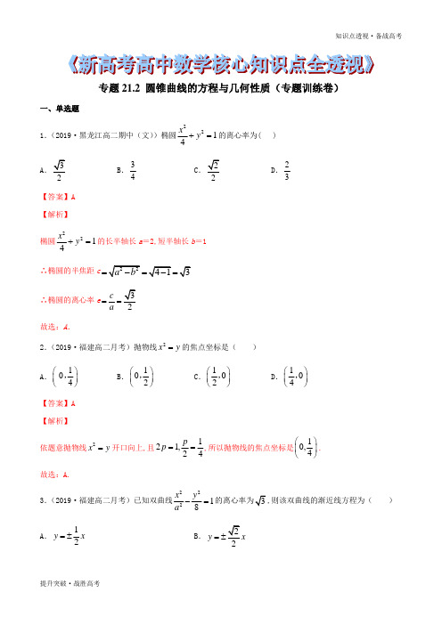 2020年新高考数学核心知识点21.2 圆锥曲线的方程与几何性质(训练卷)(教师版)