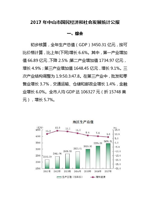 2017年中山市国民经济和社会发展统计公报