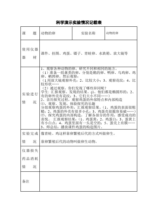 教科版四年级科学下册教师演示实验动物的卵记录表