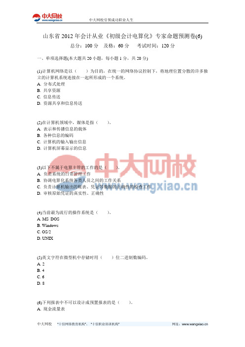 山东省2012年会计从业《初级会计电算化》专家命题预测卷(6)-中大网校