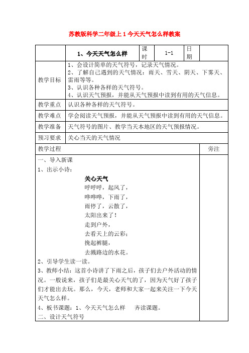 最新苏教版科学二年级上1今天天气怎么样教案