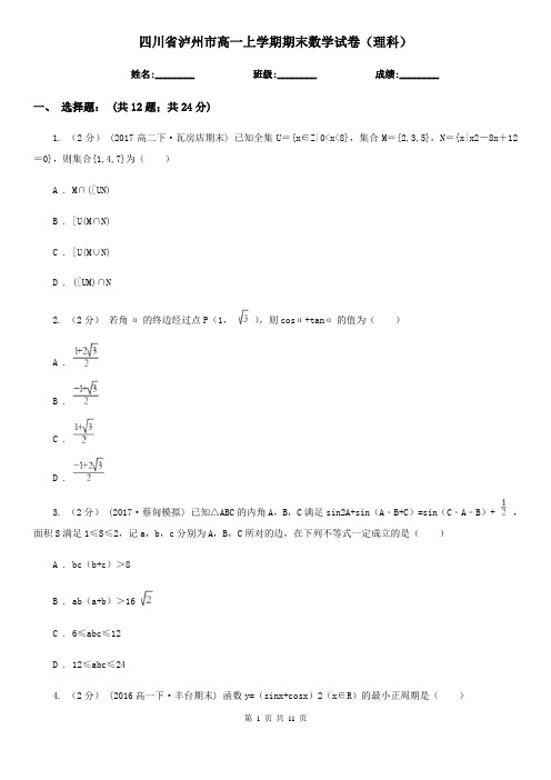 四川省泸州市高一上学期期末数学试卷(理科)