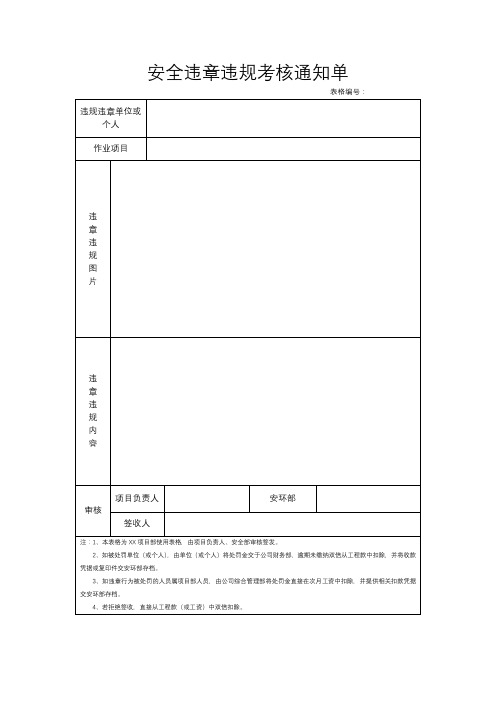 安全违章违规考核通知单