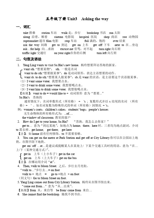 苏教译林版英语 五年级下册 Unit 3  Asking the way 知识点总结