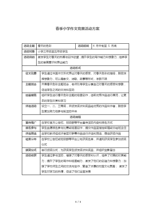 春季小学作文竞赛活动方案