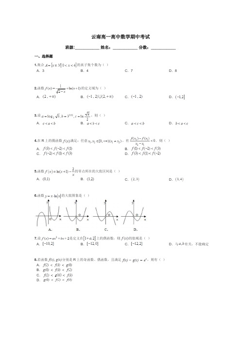 云南高一高中数学期中考试带答案解析
