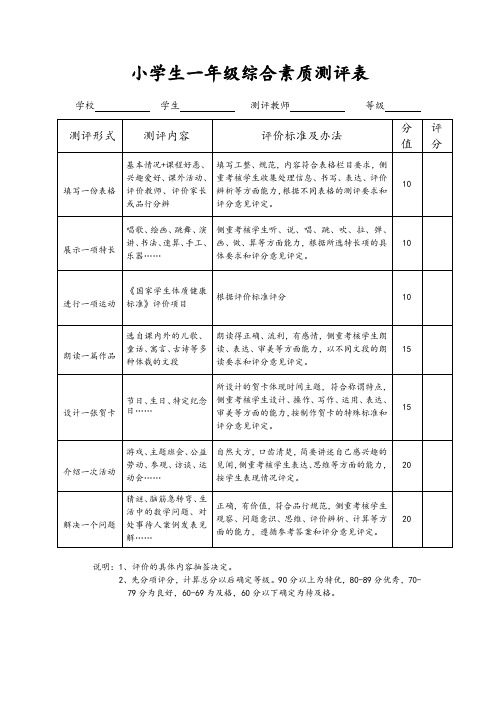 小学生一年级综合素质测评表