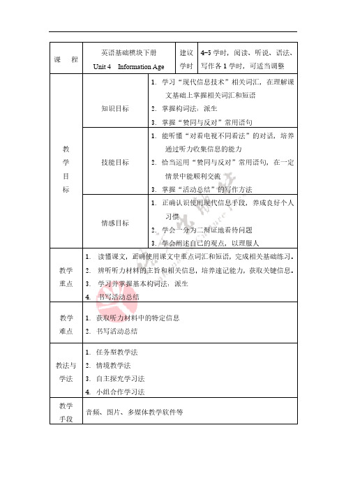 英语教学设计基础模块下册第4单元 