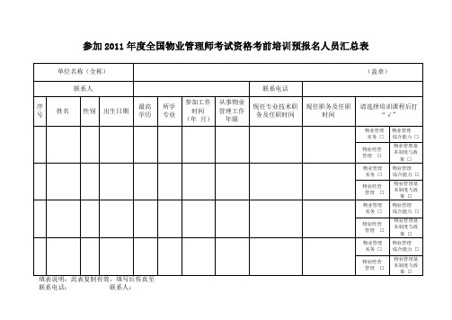 参加2011年度全国物业管理师考试资格考前培训预报名人员汇总表.doc