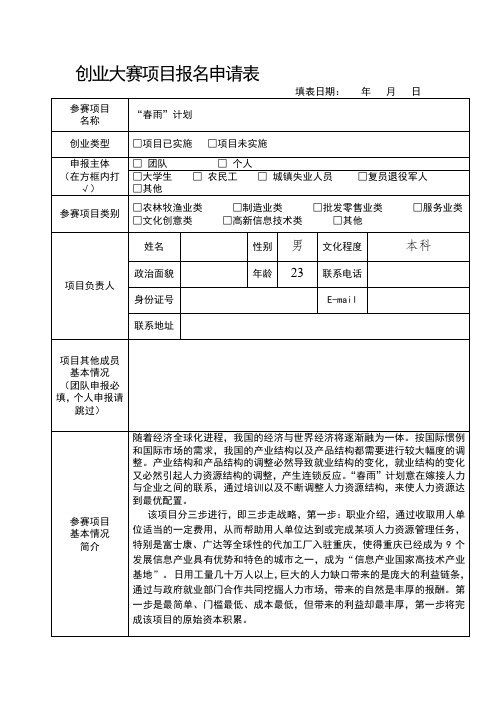 创业大赛项目报名申请表