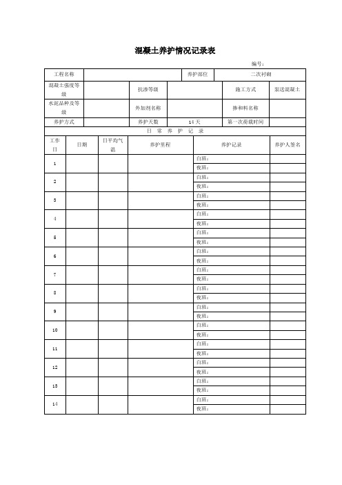 隧道衬砌混凝土养护情况记录表