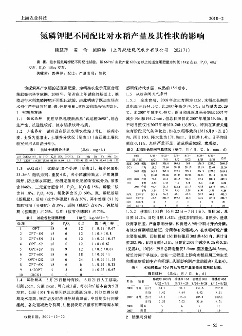 氮磷钾肥不同配比对水稻产量及其性状的影响