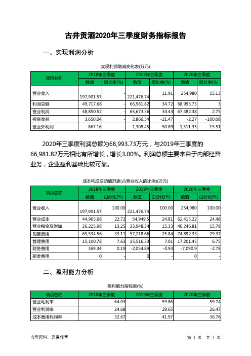 古井贡酒2020年三季度财务指标报告