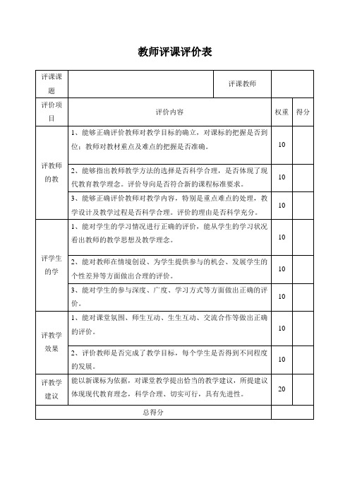 教师评课评价标准