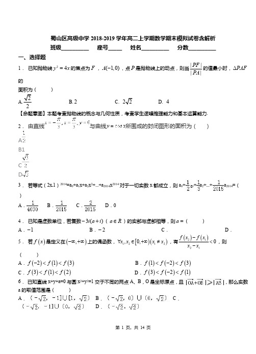 蜀山区高级中学2018-2019学年高二上学期数学期末模拟试卷含解析