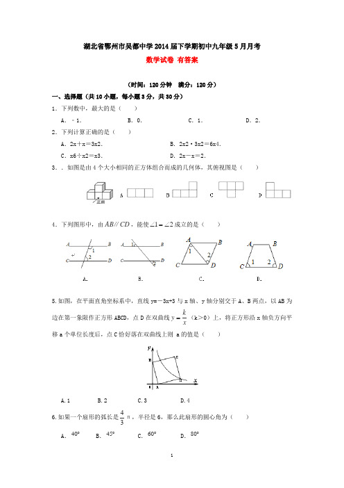 湖北省鄂州市吴都中学2014届下学期初中九年级5月月考数学试卷