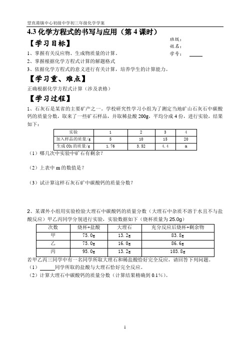 4.3化学方程式的书写与应用(第4课时)-导学案-沪教版化学九年级上册