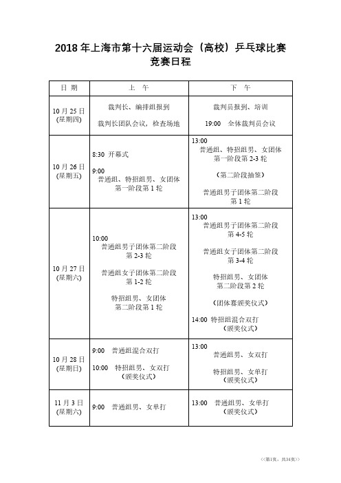 第十六届上海市运动会高校组乒乓球比赛秩序表(1)