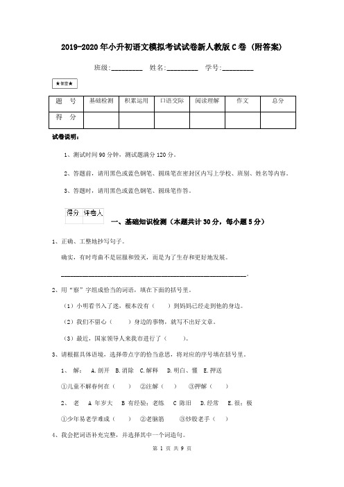 2019-2020年小升初语文模拟考试试卷新人教版C卷 (附答案)