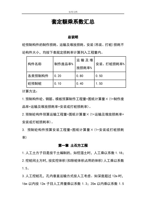 陕西省建筑、装饰工程消耗量定额系数换算汇总情况