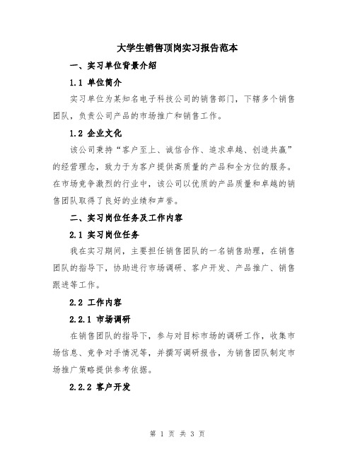 大学生销售顶岗实习报告范本