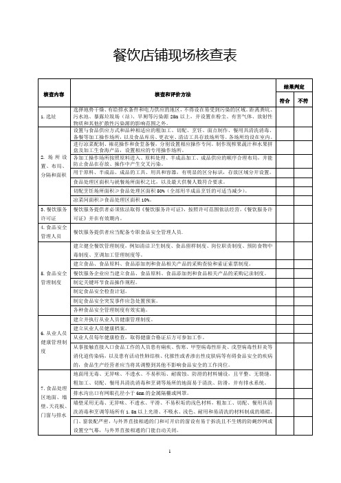 餐饮店铺现场检查表