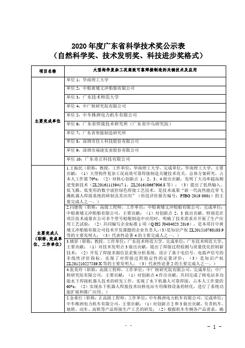 2020年度广东省科学技术奖公示表