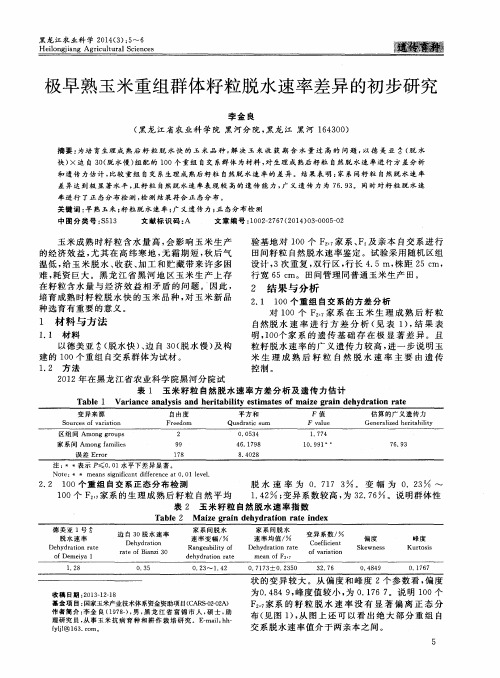 极早熟玉米重组群体籽粒脱水速率差异的初步研究