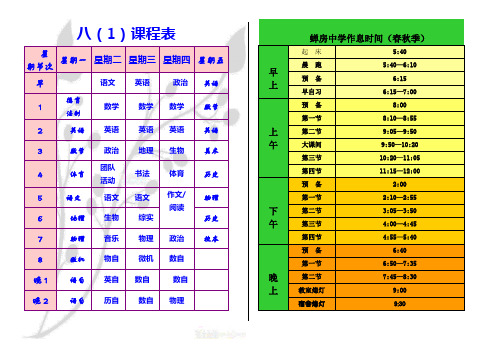 班务栏(包括课程表作息时间表值日表班组织活动计划等)