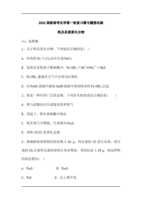 2022届新高考化学第一轮复习微专题强化练：铁及其重要化合物(含解析)