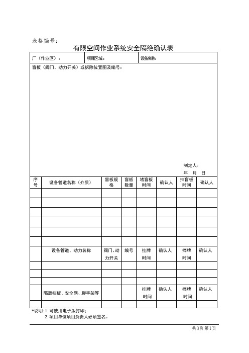 有限空间作业系统安全隔绝确认表、作业检测记录表、作业人员,工器具、材料登记表1