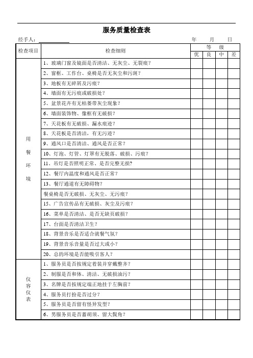 楼面服务质量检查表