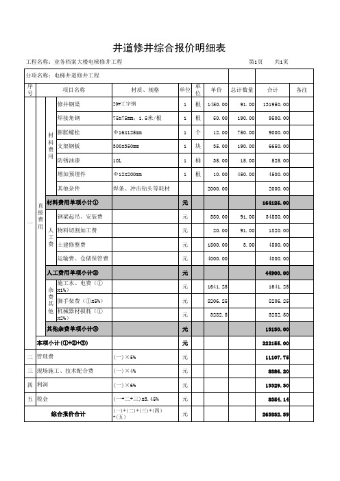 电梯井道综合报价明细表