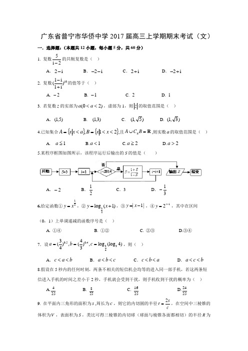 数学---广东省普宁市华侨中学2017届高三上学期期末考试(文)