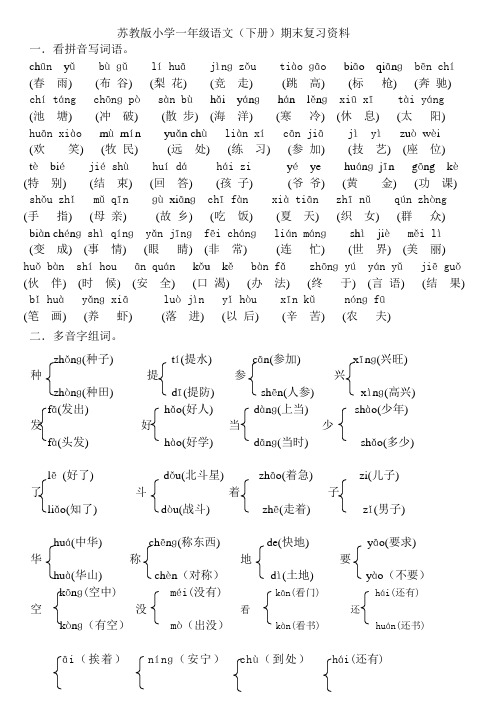 苏教版一年级语文下册期末复习资料