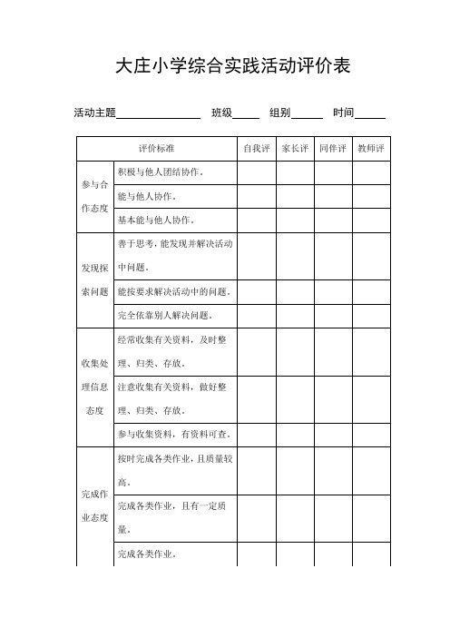 石桥小学综合实践活动评价表