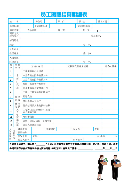 员工离职辞职结算明细表