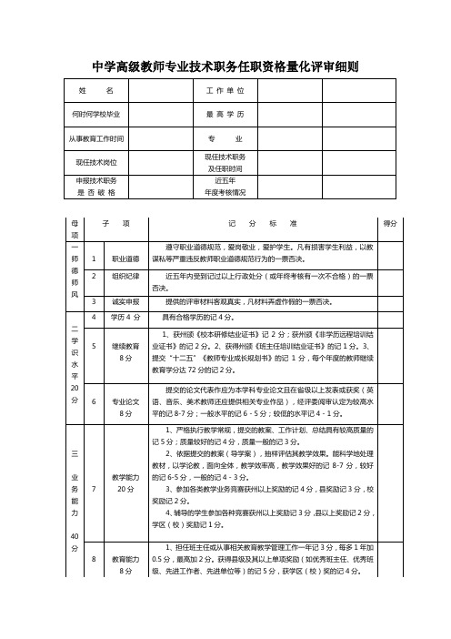 中学高级教师专业技术职务任职资格量化评审细则