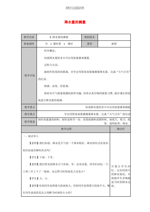 精选四年级科学上册1-5降水量的测量教案教科版(1)(1)