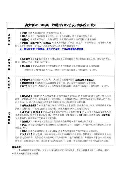 【澳600个签】签证须知 赴澳签证申请表