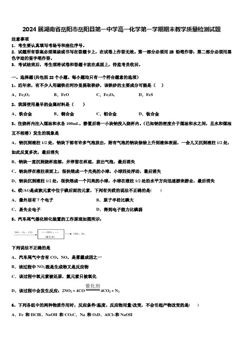 2024届湖南省岳阳市岳阳县第一中学高一化学第一学期期末教学质量检测试题含解析