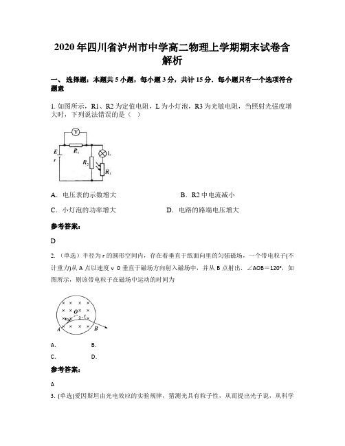 2020年四川省泸州市中学高二物理上学期期末试卷含解析