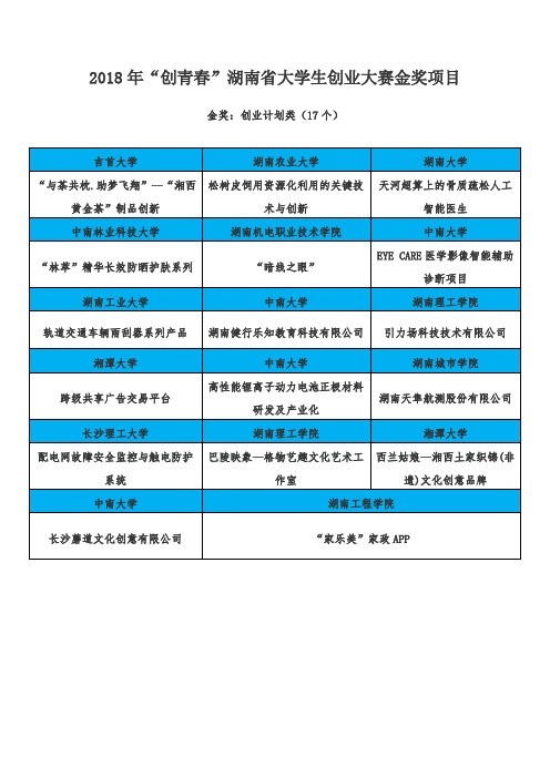 2018年“创青春”湖南省大学生创业大赛金奖项目明细