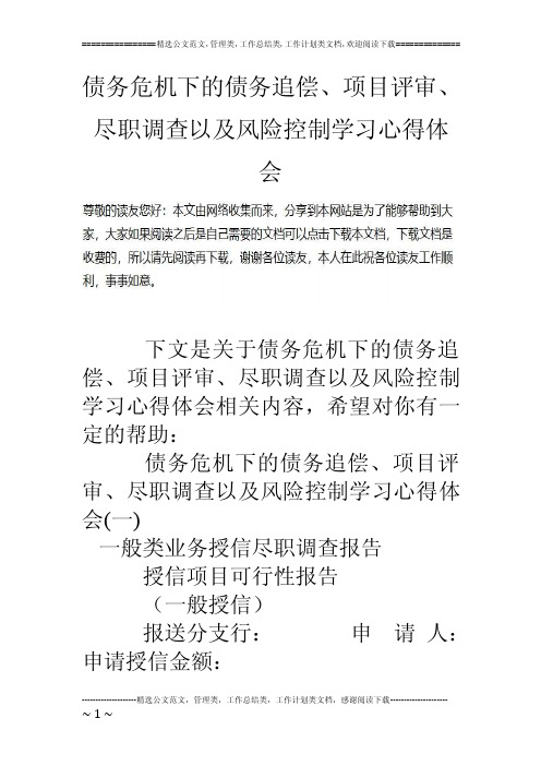 债务危机下的债务追偿、项目评审、尽职调查以及风险控制学习心得体会