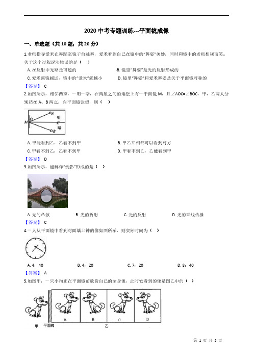 2020中考专题训练---平面镜成像 附答案教师版