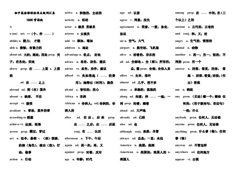 初中英语课程标准五级词汇表1500