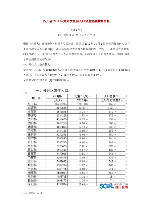 四川省2010年第六次全国人口普查主要数据公报