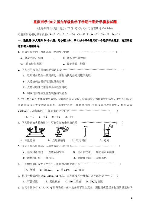 重庆市九年级化学下学期半期升学模拟试题