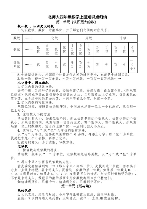 北师大版小学数学四年级上册知识点归纳