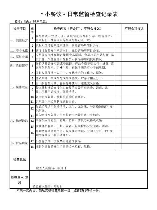 “小餐饮”日常监督检查记录表